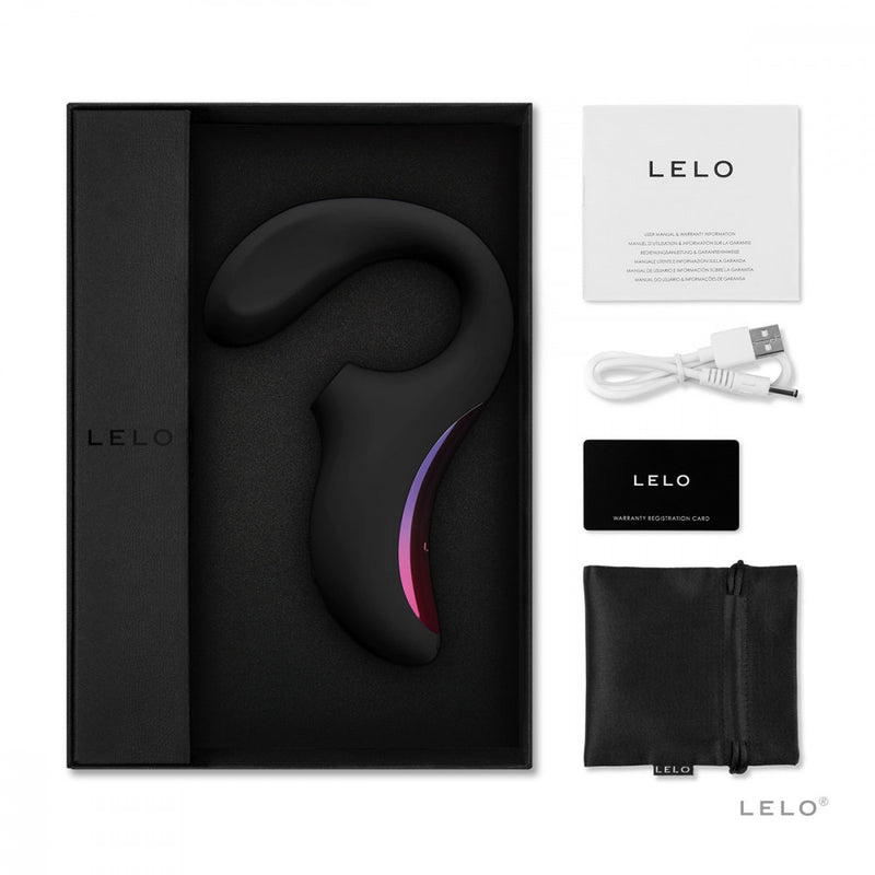LELO Enigma sonic wave vibrator laid out with everything it comes with including the charging cable, warranty information, storage pouch, and instruction booklet | Kinkly Shop