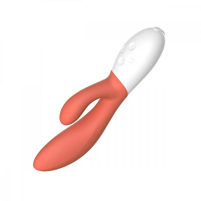 The LELO Ina 3 pointing downwards. This makes it easier to view the four-button control structure in the handle of the vibrator. The image shows that each button is slightly recessed for touch-sensitive operation. The Up and Down arrows are located on the up and down axis while the plus and minus intensity buttons are left-and-right on the toy.  | Kinkly Shop