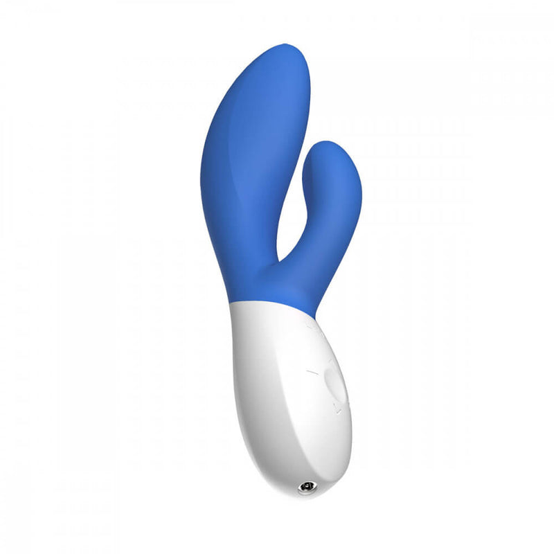 A different angle of the LELO INA Wave 2 which focuses on the base of the handle. This angle shows the open charging port at the base of the handle. This view also shows off the control buttons of the LELO INA Wave 2 as well. | Kinkly Shop