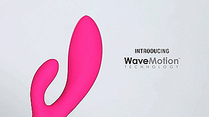GIF of the LELO Ina Wave design. This short GIF shows the shaft movement of the LELO INA Wave 2 which looks like a come-hither, back-and-forth motion where the shaft moves towards the clitoral arm and then away from the clitoral arm, over and over. The text on the GIF says "Introducing waveMotion Technology". | Kinkly Shop