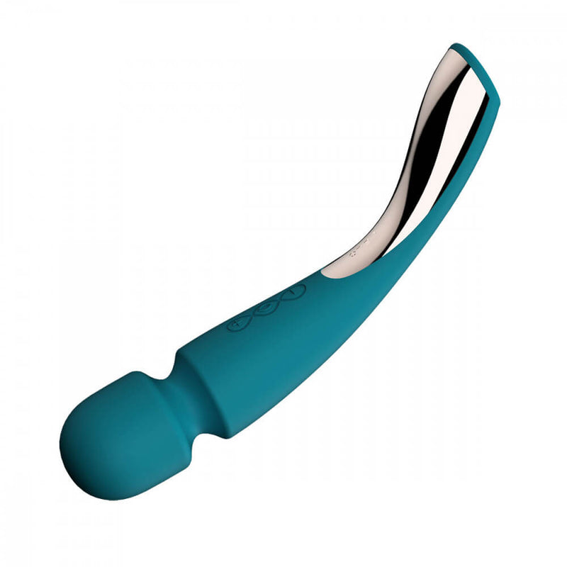 The LELO Smart Wand 2 Medium shown upside down. This view highlights the very obvious curve of the bottom of the handle which juts off in a gentle 45 degree angle from the rest of the straight handle. | Kinkly Shop