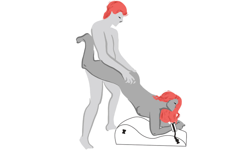 Illustrated sex position with the Liberator Black Label Hipster. The penetrating partner is standing up. The receiving partner's hips are in the air (held by their partner) while their elbows are on top of the Hipster with their wrists bound. | Kinkly Shop