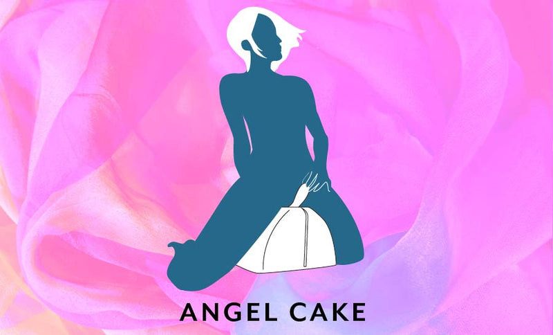 Illustrated sex position called the Angel Cake that shows a person kneeling on top of a toy in the Liberator BonBon Sex Toy Mount while using a vibrator on their clitoris | Kinkly Shop