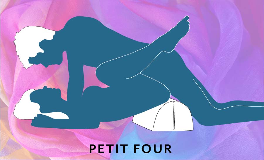 An illustrated sex position called the Petit Four that shows the receptive partner laying down on the ground with their hips slightly elevated by laying on top of the Liberator BonBon Sex Toy Mount. The penetrating partner leans on top of them, missionary-style, to enter them for a slightly modified missionary sex position. | Kinkly Shop