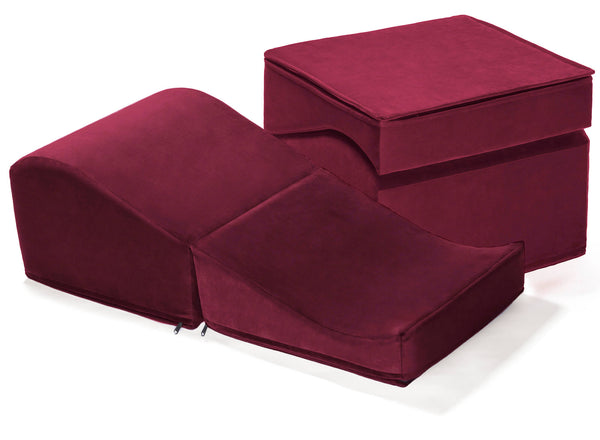 Liberator Flip Ramp in Merlot. Image shows the Flip Ramp fully folded out as well as the Ramp stacked up as a square. | Kinkly Shop