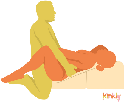 Illustrated sex position of a couple using the Liberator Flip Ramp. The Liberator Flip Ramp is unfolded, and the penetrating partner is laying on the Flip Ramp with their hips on the lower end of the Ramp. The penetrating partner is between the Liberator Flip Ramp's legs. | Kinkly Shop