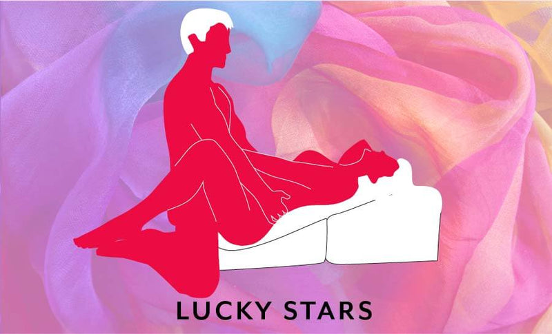 Illustrated sex position shows a couple using the folded out Liberator Flip Ramp. The penetrator is kneeling in front of their partner. The receiver has their hips on the lower end of the Flip Ramp with their head cushioned by the upper end. This lets the receiver easily do eye contact and changes up the standard angle of intercourse. | Kinkly Shop