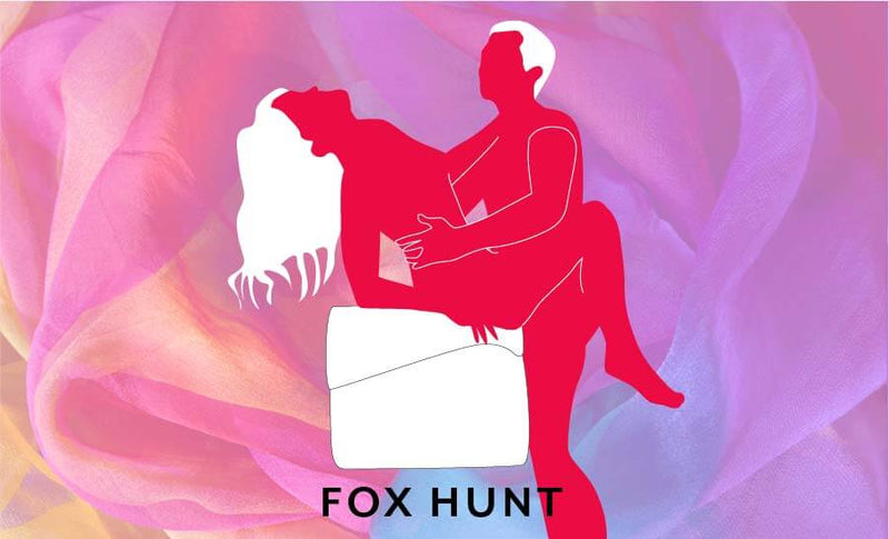 Illustrated sex position using the folded up Liberator Flip Ramp called "Fox Hunt". The receiving partner is sitting on top of the square sex shape with their hips at the edge of the shape. The penetrating partner is standing next to them to slide inside at the perfect height. | Kinkly Shop