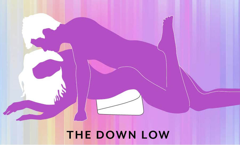 An illustrated sex position called the "Down Low". The receiving partner is laying on top of the Liberator Heart Wedge while it props up their hips. The penetrating partner is laying on top of the receiver to penetrate from behind. | Kinkly Shop