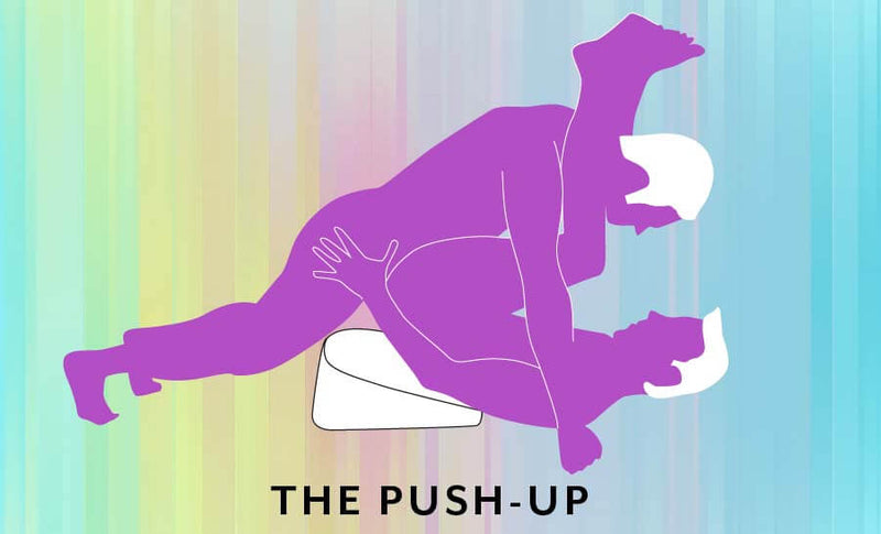 Illustrated sex position called "The Push-Up". The receiver is laying on their back with their thighs pulled back towards their chest with the help of the Liberator Heart Wedge. The penetrating partner is laying directly on top, essentially in a planking position, for sex. | Kinkly Shop
