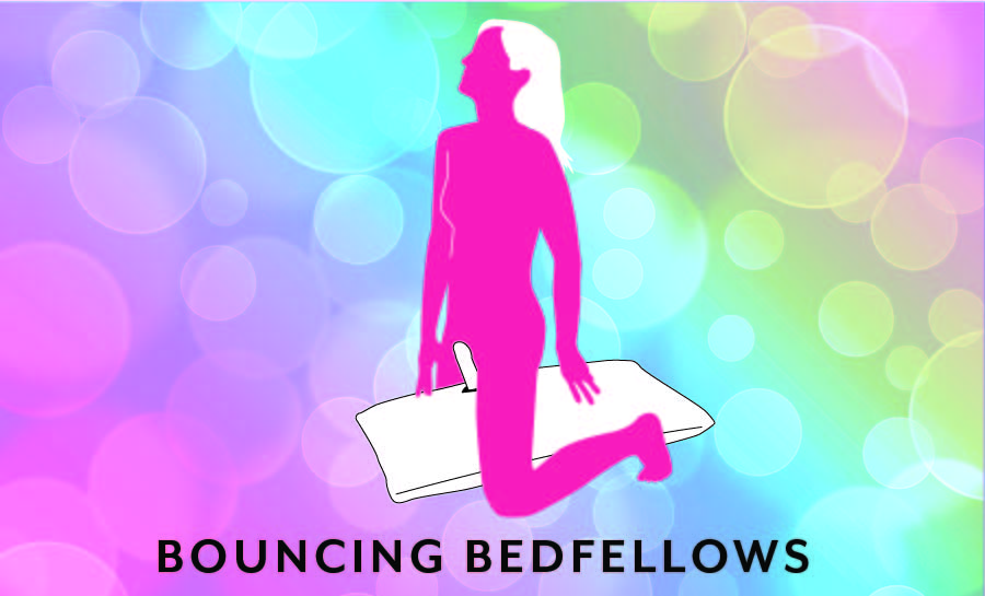 Bouncing Bedfellows sex position which displays a person straddling the Liberator Humphrey to use a dildo hands-free | Kinkly Shop