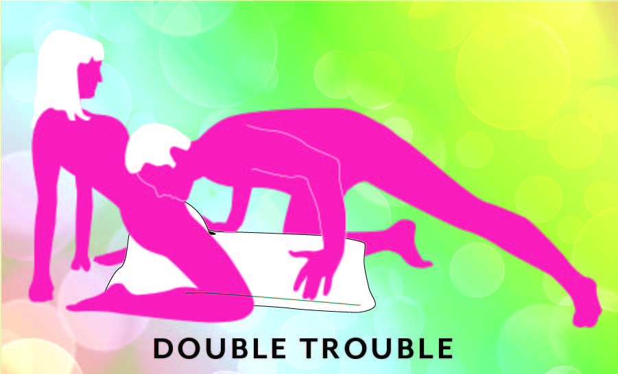 Double Trouble sex position which shows a person straddling the Liberator Humphrey while leaning back with a dildo on the Liberator Humphrey to use while their partner leans overtop of them to pleasure them clitorally | Kinkly Shop