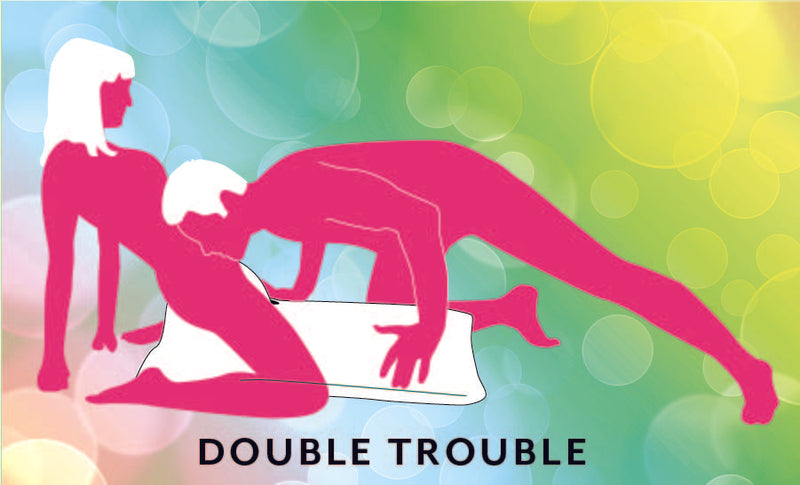 Double Trouble sex position which shows a person straddling the Liberator Humphrey while leaning back with a dildo on the Liberator Humphrey to use while their partner leans overtop of them to pleasure them clitorally | Kinkly Shop