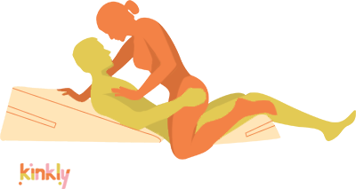 Illustration shows the Liberator Wedge and Liberator Ramp in use. The penetrating partner is laying "flat" on the ground. The Ramp props up their back and the Liberator Wedge props up their thighs. The receiving partner is in Partner-on-Top position. The change of angle provides better g-spot positioning. | Kinkly Shop