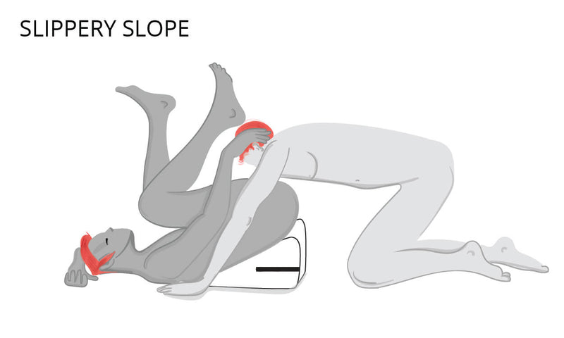 An illustrated image showing how the Liberator Wedge/Ramp Combo can be used. The receiving partner is laying down with their hips elevated by the Liberator Wedge. The giving partner's face is between their partner's legs for rimming with the help of the angle of the Liberator Wedge. | Kinkly Shop