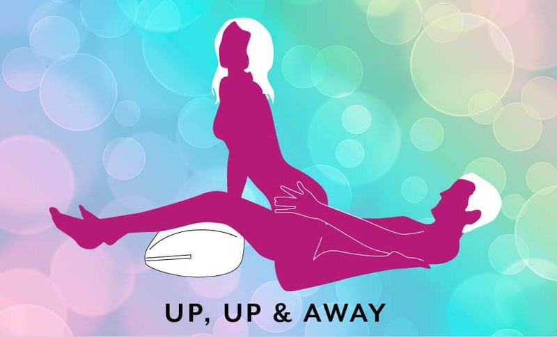 Illustrated sex position. Titled "Up, Up, and Away". The receiving partner lays flat while the Liberator Wing rests underneath the knees of the penetrating partner. The receiving partner is on Partner-on-Top position, facing towards the receiver's feet. Elevating the knees changes the angle of the position. | Kinkly Shop