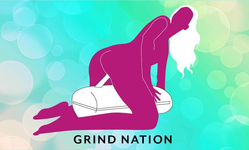 An illustrated sex position. It's called "Grind Nation". The person is straddling the Liberator Wing. There's an insertable sex toy protruding from the sex toy mount. The person is straddling the mount and about to back onto the sex toy. | Kinkly Shop
