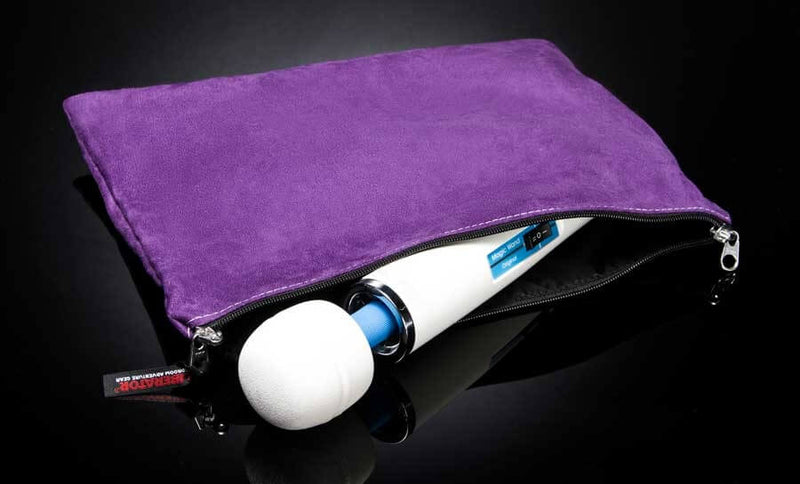 A Vibratex Magic Wand is sticking out from an unzipped Liberator Zappa Toy Bag. The bag looks like it may fit it, but it would be an extremely tight fit. | Kinkly Shop