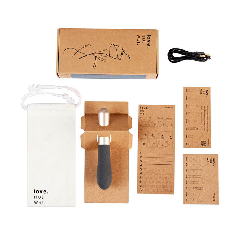 Everything that comes with the Love Not War Grá. The packaging is extremely cardboard heavy with the instructions, stabilizer, and box itself all in recyclable cardboard. The Love Not War Grá also comes with a cotton drawstring bag and the charging cable. | Kinkly Shop