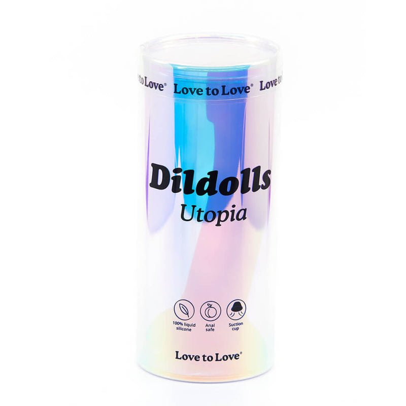Packaging for the Love to Love DilDolls dildos. It's a cylindrical plastic tube with the dildo inside. | Kinkly Shop