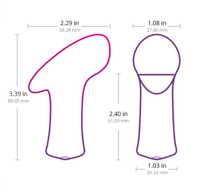 Measurements of the Lovense Ambi. All of these measurements are available in text format in the product description. This illustration just places those numbers to a visual representation of the shape of the toy. | Kinkly Shop