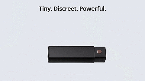 GIF of the Lovense Exomoon. The vibe's lid is on, and the lid is pulled off to expose the "lipstick" inside of the case. It looks like a brand-name tube of lipstick with the lid on. The text on the GIF reads "Tiny. Discreet. Powerful." | Kinkly Shop