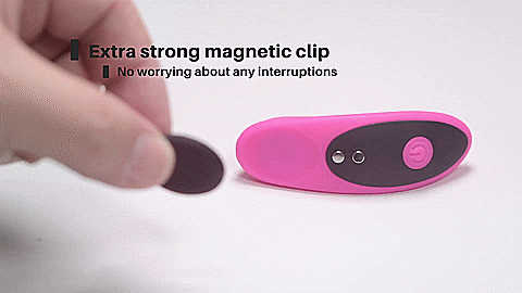 A hand moves towards the Lovense Ferri while holding the magnetic clasp. As the hand gets closer to the vibe, the Ferri pulls it out of their hand. The text on the GIF states "Extra strong magnetic clip. No worrying about any interruptions." | Kinkly Shop