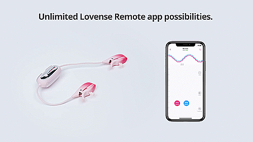 GIF of Lovense Gemini remote control nipple clamps. First panel says "Unlimited Lovense Remote app possibilities and shows the clamps being controlled by the app. The second panel says "Small enough to carry around discreetly", and showcases a person holding the entire Gemini clamp set up in a single fist, about to place it into a small purse. | Kinkly Shop