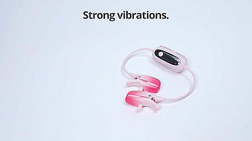 GIF of the Lovense Gemini remote control nipple clamps on a white table. They are powered on and vibrating, and the clamps are wiggling all over the table. The text on the GIF reads "Strong vibrations." | Kinkly Shop