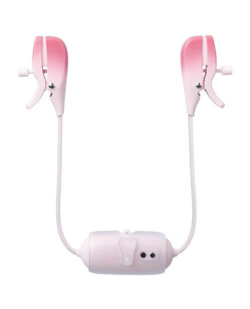 View of the Lovense Gemini remote control nipple clamps with the bra clip attached. The clip has a small hook that will allow the center control panel to clip onto the center part of a bra to keep the control panel in place. | Kinkly Shop