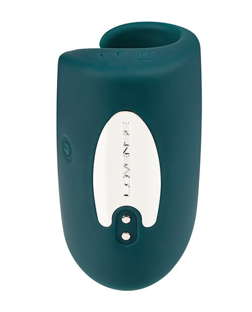Side view of the Lovense Gush showcases the power button, the decorative plate that shows the Lovense brand name, and the two magnetic ports that function as the charging port for the penis vibrator. | Kinkly Shop