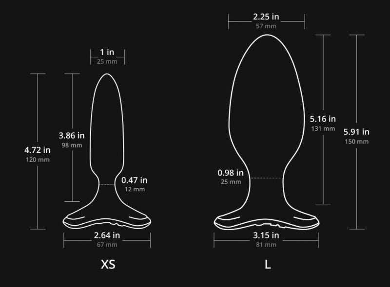 The measurements of the Lovense Hush plugs superimposed over outlines of each of the toys. All of the measurements are included within the text of the listing. | Kinkly Shop