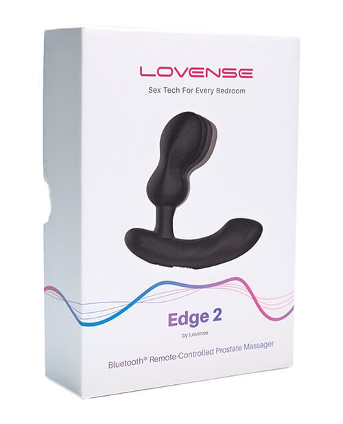 Packaging for the Lovense Edge 2. It's a white box with Lovense branding that displays a picture of the Lovense Edge 2 on the front of it. | Kinkly Shop