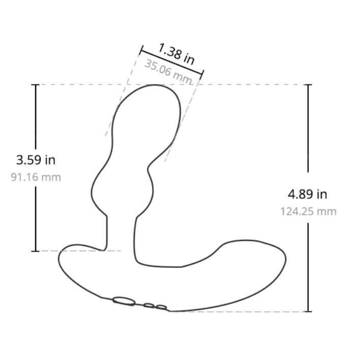 Illustrated outline of the Lovense Edge 2 to show the various measurements of the prostate massager. All of the measurements are included in the written product description. The prostate massager is 1.38" in diameter at the widest point. The insertable length is 3.59". The prostate massager is 4.89" in total height from the bottom of the base to the top of the insertable shaft. | Kinkly Shop