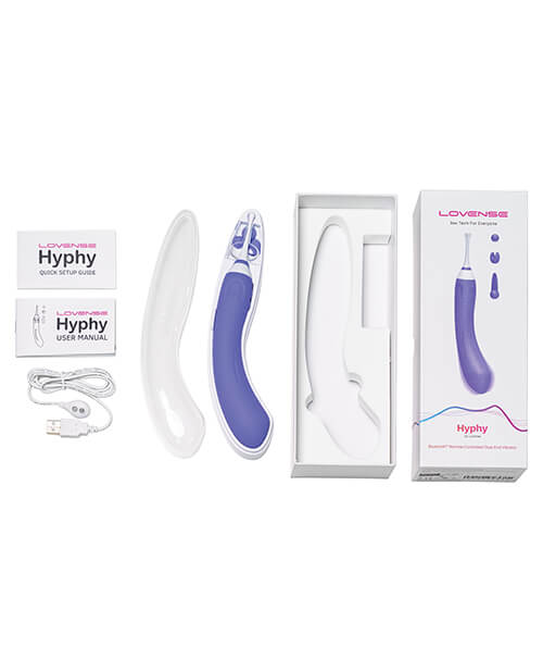 Everything included with the Lovense Hyphy sitting out next to its packaging. This includes the storage/charging case, the instruction manual, the Lovense Hyphy itself, the charging cable, and the three optional tips. | Kinkly Shop
