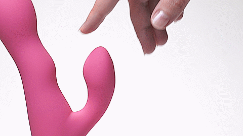 GIF of a finger pressing down on the clitoral arm of the Lovense Nora. This showcases how flexible the clitoral arm. It moves easily under the pressure. | Kinkly Shop