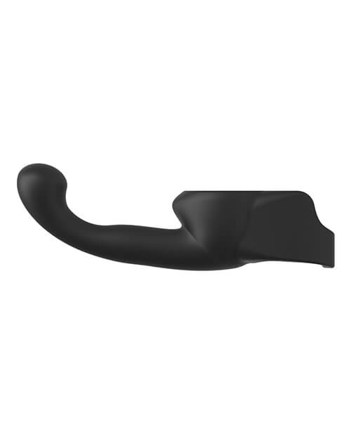 Side view of the Lovense Domi 2 Penis Attachment. On one end, there's a long, protruding dildo with a p-spot curve. Directly opposite this dildo, there's a wrap-around design crafted to wrap around the penis. | Kinkly Shop