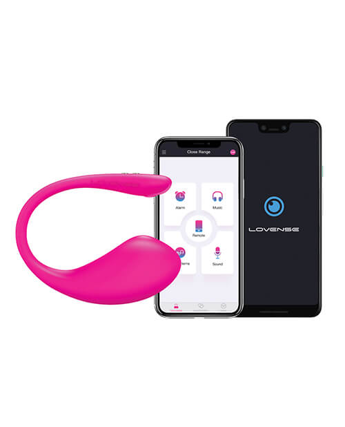The Lovense Lush 3.0 vibrator presented in front of a cell phone screen. The cell phone screen is on and currently open to the Lovense app. | Kinkly Shop