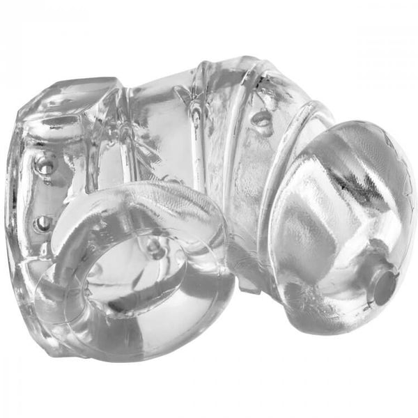 Close-up of the design of the Master Series Detained 2.0 Restrictive Chastity Cage. This angle showcases the internal "nubs" inside of the cage, the hole at the bottom of the cage for the testicles, and the open hole at the tip for urination. | Kinkly Shop