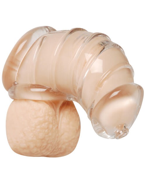 Master Series Detained Soft Chastity Cage wrapped around a packer dildo to show how it fits on a penis. | Kinkly Shop