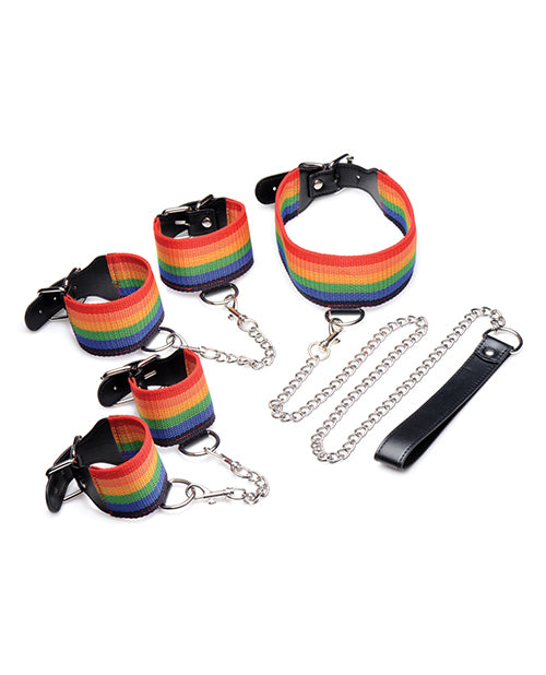 Rainbow wrist cuffs, rainbow ankle cuffs, and rainbow collar all sit out to display the Master Series Kinky Pride Rainbow Bondage Set | Kinkly Shop