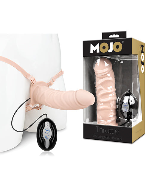 Mojo Throttle is shown being worn on a mannequin. Next to the Mojo Throttle penis extender is an image that shows the packaging it comes in. | Kinkly Shop
