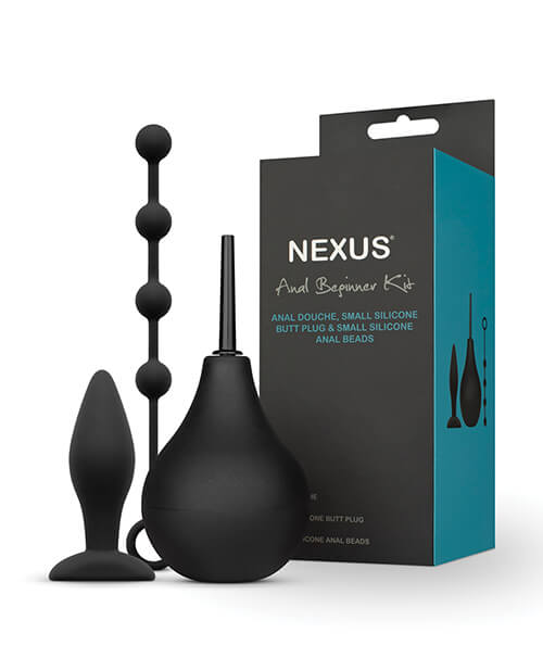 The three toys included in the Nexus Beginner Anal Kit sitting up next to the packaging. | Kinkly Shop