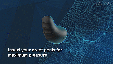 GIF of the Nexus Eclipse on an illustrated erect penis. The text on the GIF states "Insert your erect penis for maximum pleasure" | Kinkly Shop