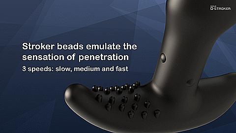 GIF of the Nexus G-Stroker. The close-up on the shaft of the prostate massager shows the beads moving up and down in the retention area. The text on the GIF reads "Stroker beads emulate the sensation of penetration. 3 speeds: slow, medium, and fast." | Kinkly Shop