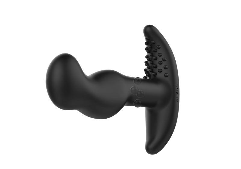 The Nexus G-Stroker held sideways. The curvature of the prostate tip is showcased as well as the textured perineum massagers at the base of the prostate massager. | Kinkly Shop