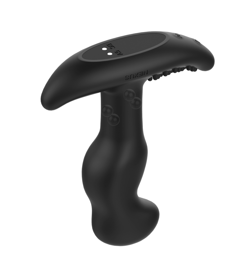 The Nexus G-Stroker shown upside down. This angle showcases the buttons on the base of the massager as well as the two magnetic charging ports for the magnetic charging. | Kinkly Shop
