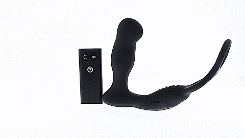 GIF of the Nexus Revo Embrace. The Nexus Revo Embrace is shown against a white background as it rotates in a circle. The GIF clearly showcases the rotating tip of the prostate massager. | Kinkly Shop