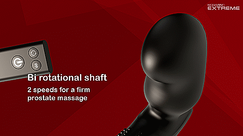GIF of the Nexus Revo Extreme. Close-up on the tip of the prostate massager. It is rotating one way and then it stops and rotates the opposite way. The text on the GIF reads "Bi rotational shaft. 2 speeds for a firm prostate massage." | Kinkly Shop