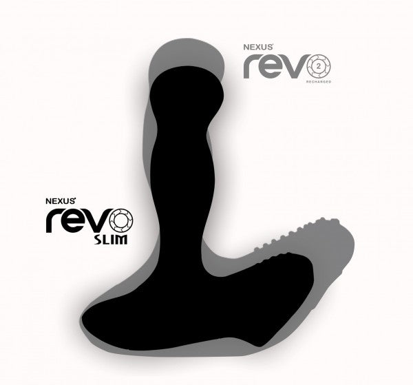 Comparison image of the Nexus Revo Slim Rotating Prostate Massager shows it overlaid on top of the original Nexus Revo to show the much-slimmer thickness and depth | Kinkly Shop